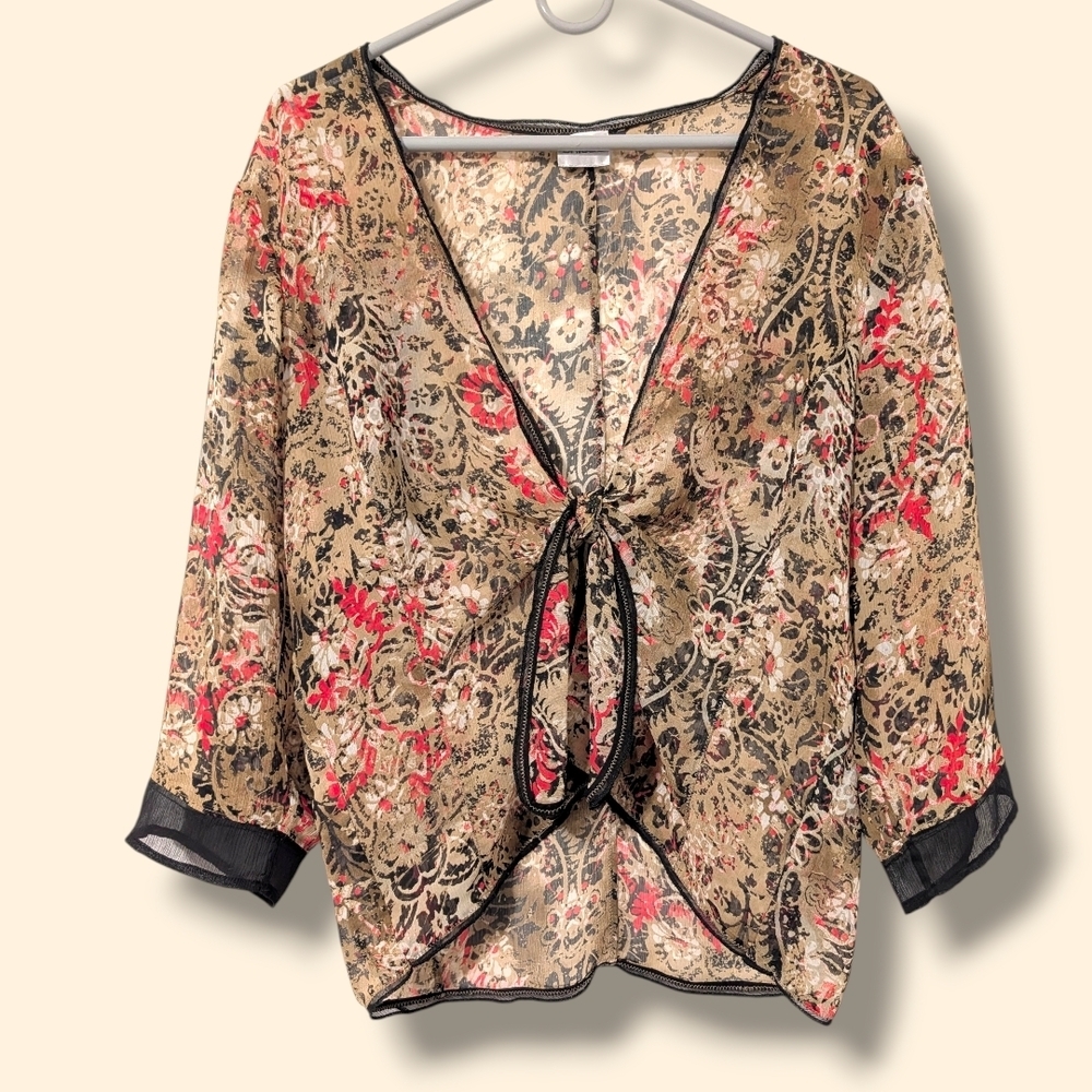 Chico's Brown Red Floral Sheer Chiffon V-Neck Long Sleeve Tie Front Top LG
